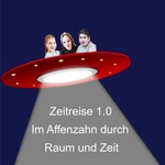 Das Theaterplakat zeigt ein rotes UFO, aus dem drei Schüler_innen schauen. Unten kommt ein starker Lichtstrahl aus dem UFO. Im Licht-strahl steht der Titel des Stücks: Zeitreise 1.0 - Im Affenzahn durch Raum und Zeit. (vergrößerte Bildansicht wird geöffnet)